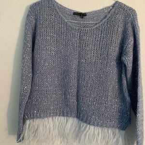Guess Light Blue Sparkle Feather Scoop Neck Knit Sweater Alpaca Blend NWT